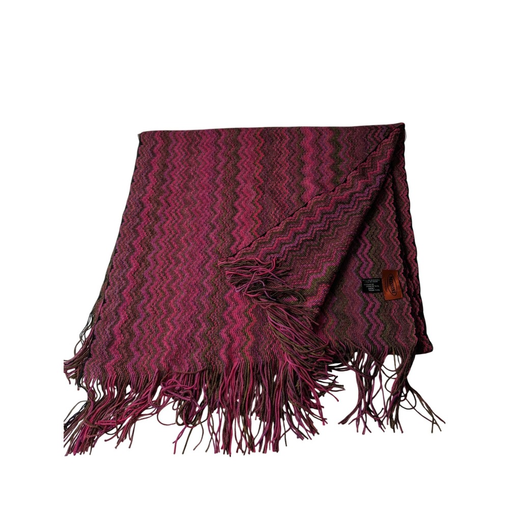 Missoni Italy Wool Blend Zigzag Chevron Fringe Scarf Magenta Purple Olive Green